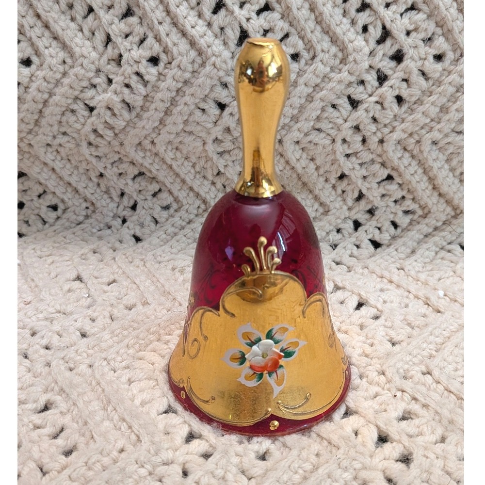 Vintage Murano Ruby Red Glass Bell Gold Leaf Floral Hand Painted Italy 5.25"